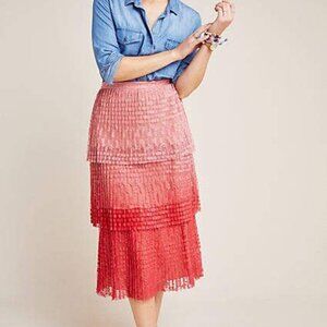 Anthropologie Maeve Brighton Pink Red Tiered Lace Skirt 12